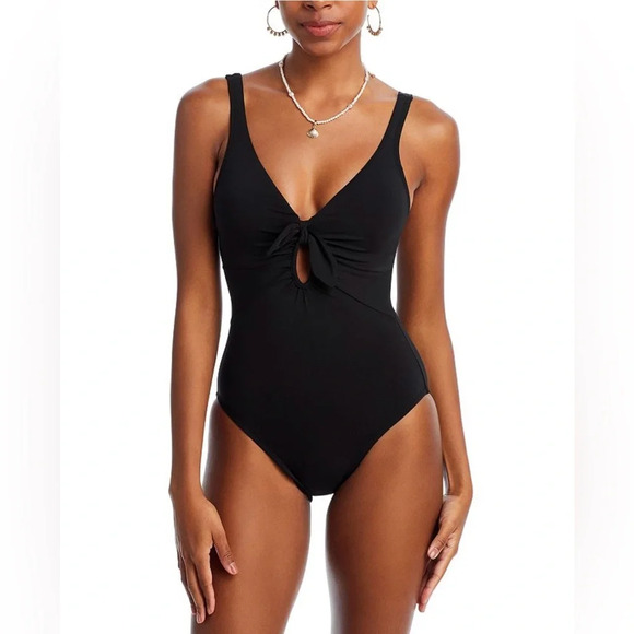 Robin Piccone Ava Plunge Neck Tie-Front One Piece Swimsuit Size 6 and 10 - Picture 1 of 9